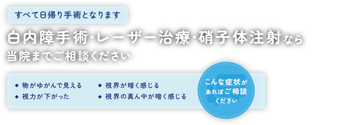 すべて日帰り手術となります 白内障手術・レーザー治療・硝子体注射なら当院までご相談ください 物がゆがんで見える/視界が暗く感じる/視力が下がった/視界の真ん中が暗く感じる こんな症状があればご相談ください