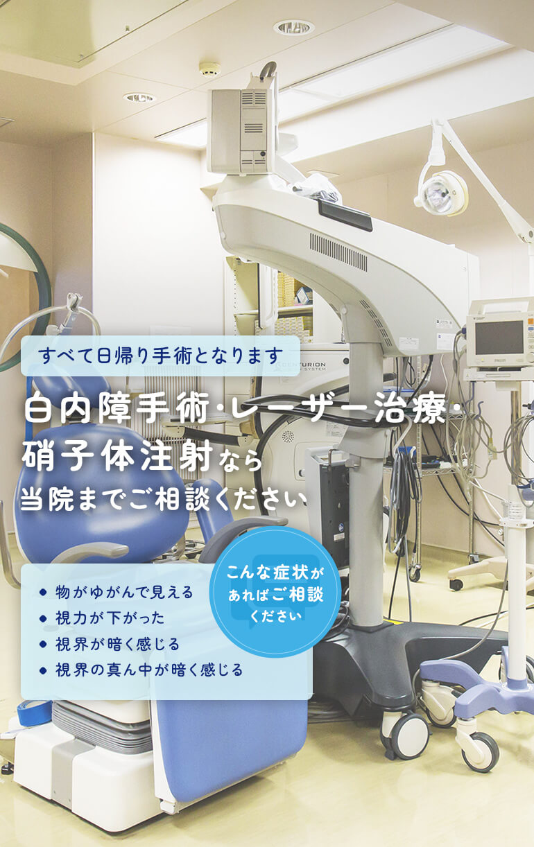 すべて日帰り手術となります 白内障手術・レーザー治療・硝子体注射なら当院までご相談ください 物がゆがんで見える/視力が下がった//視界が暗く感じる/視界の真ん中が暗く感じる こんな症状があればご相談ください